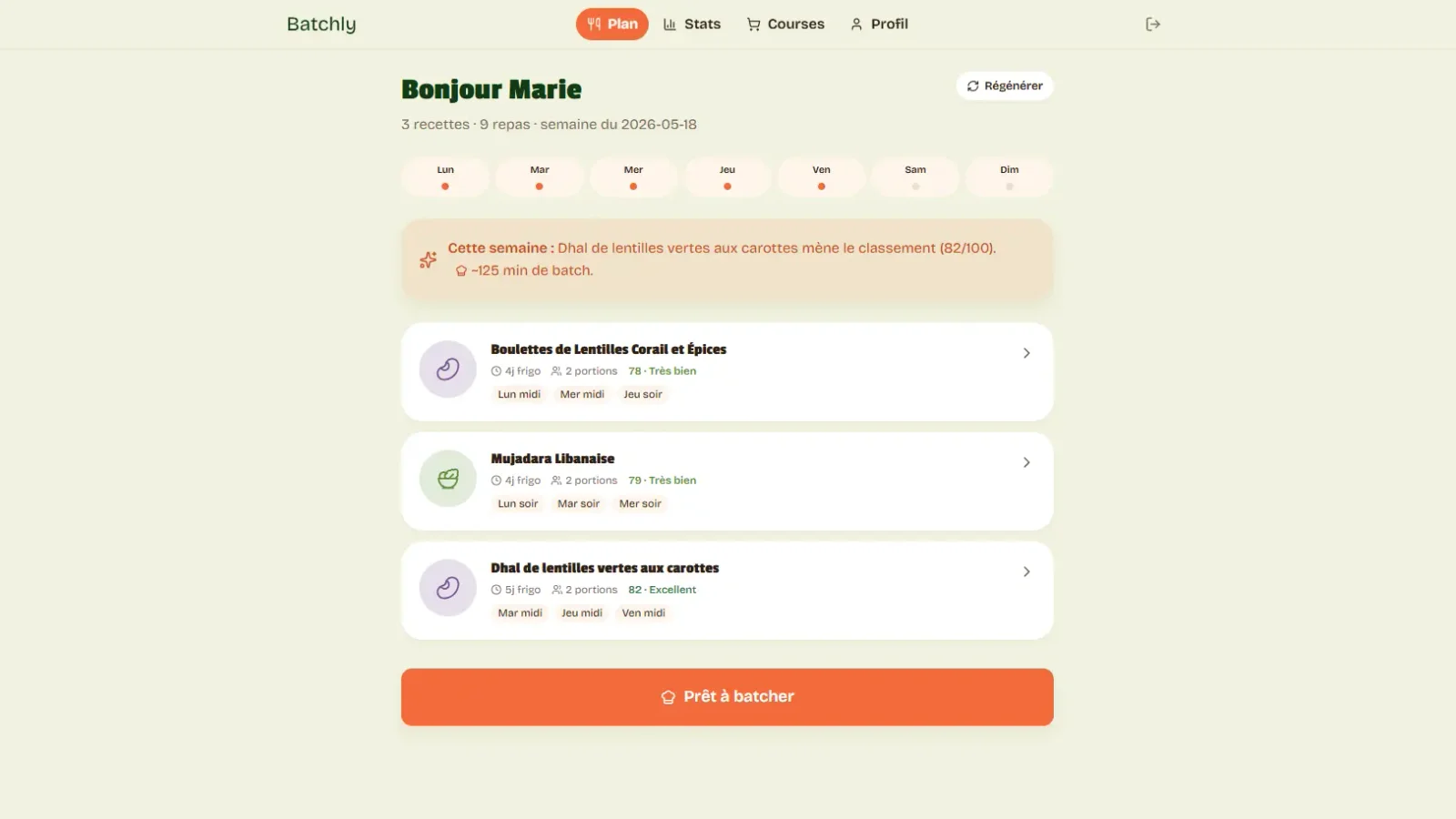 Capture d'écran de la page Plan de Batchly montrant les jours de la semaine, les recettes du plan et un bouton Prêt à batcher.