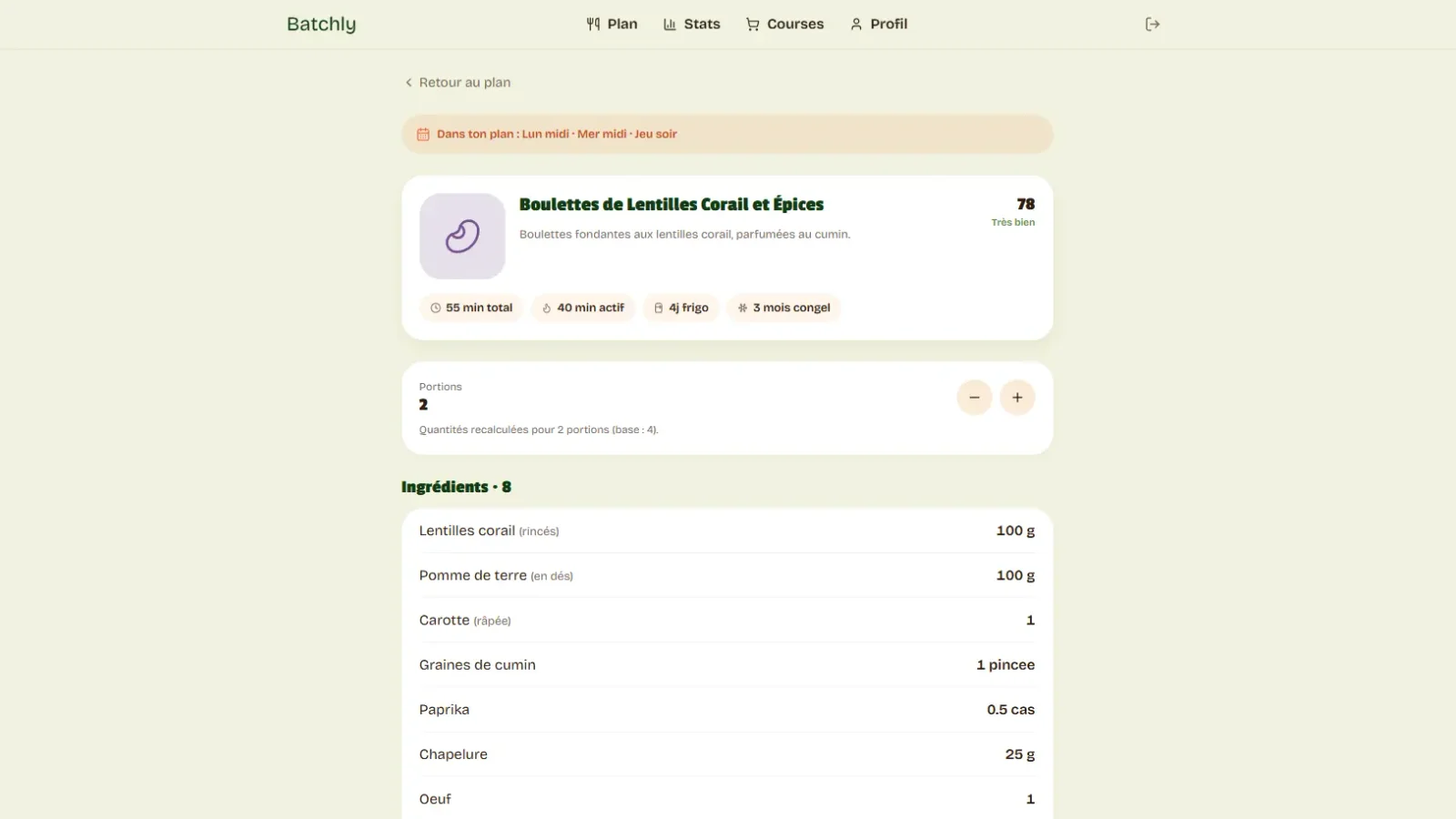 Capture d'écran d'une fiche recette de Batchly avec ingrédients, étapes numérotées et portion scaler.